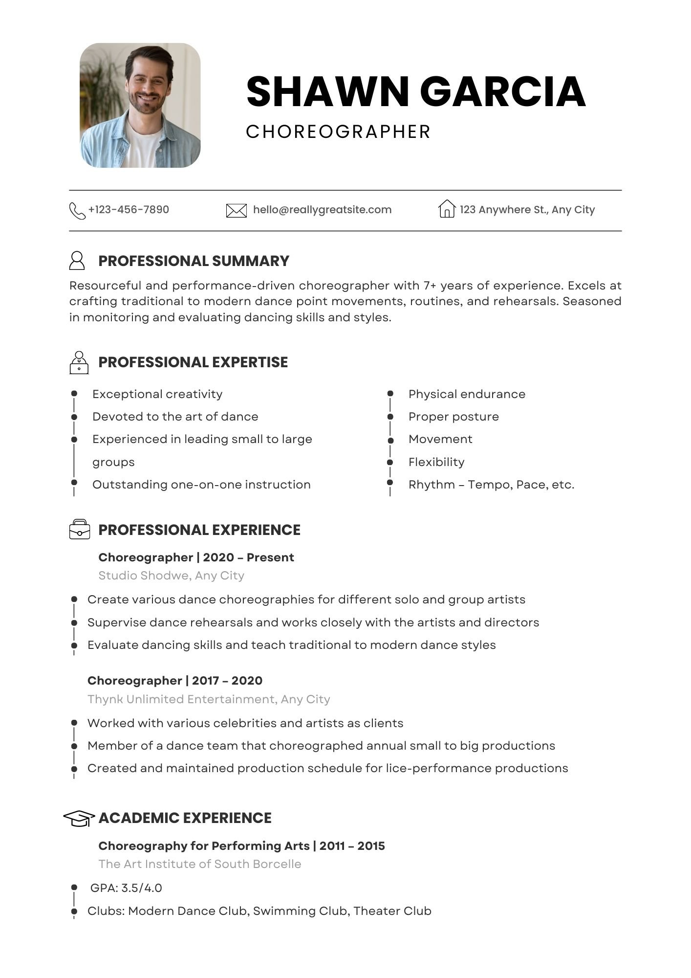 White Simple Choreographer Professional Resume