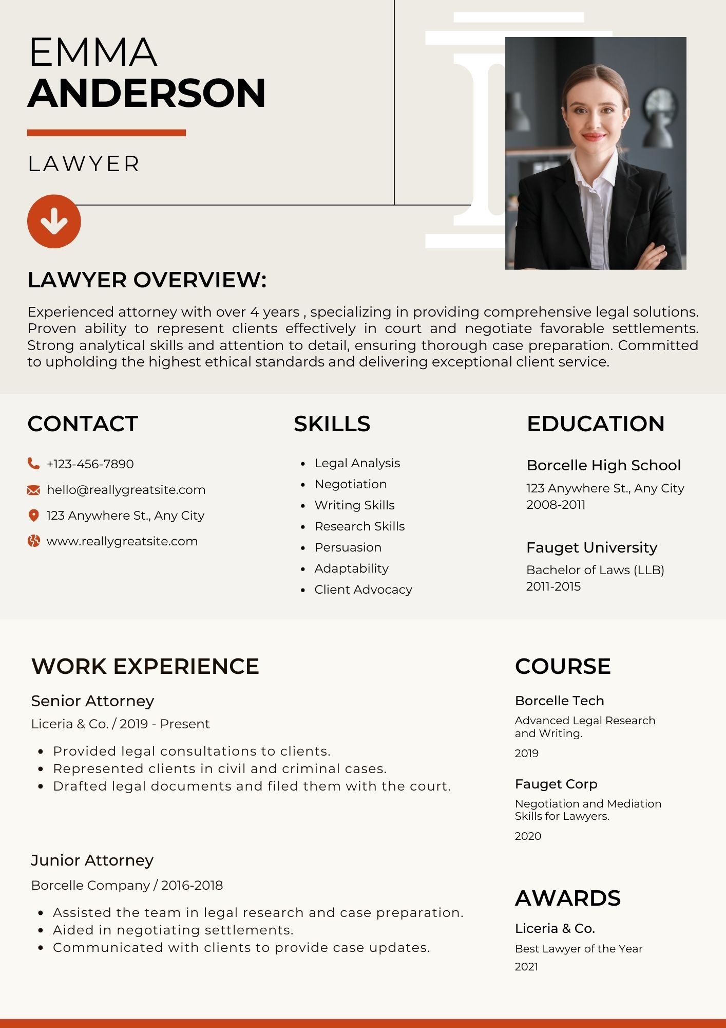 Cream and Beige Modern Lawyer Resume