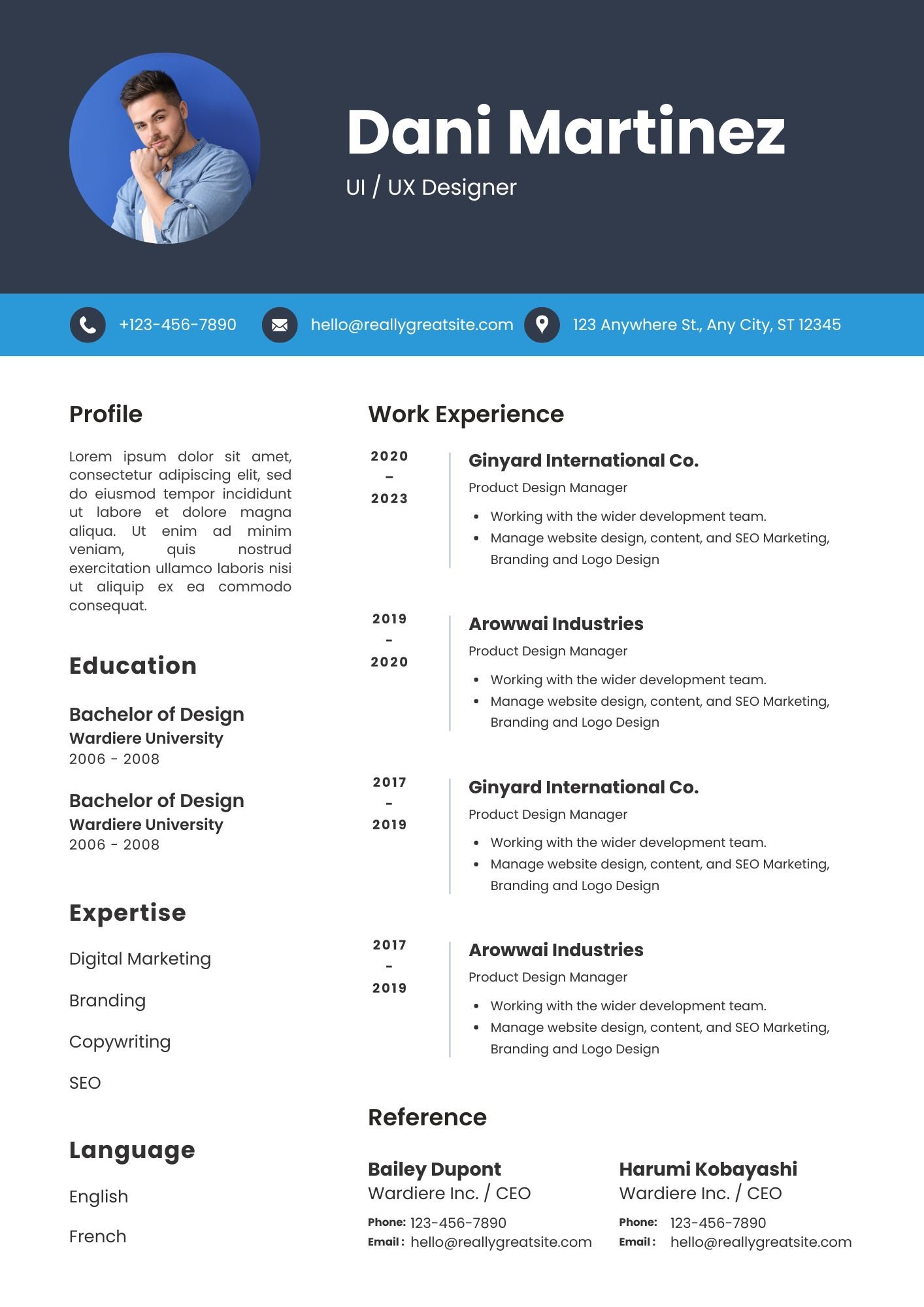 Blue Black Minimalist CV Resume